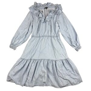 Lauren Ralph Lauren Boho Midi Dress 10 Light Blue Lyocell Ruffles Cottagecore